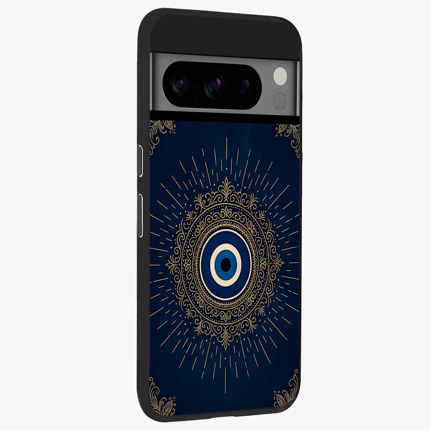 Golden Celestial Charm Glass Case upright view showcasing radiant celestial artwork with elegant golden theme.