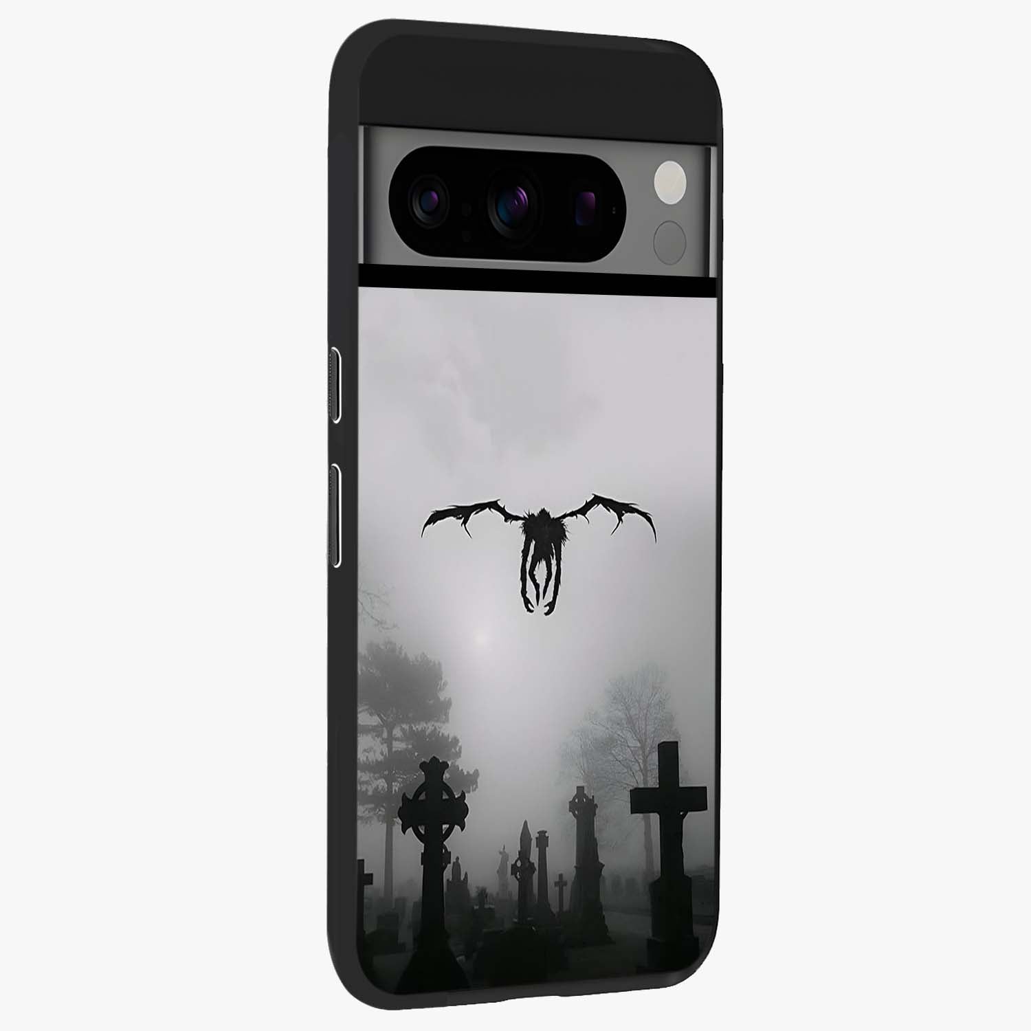 Graveyard Shadow Descent Glass Case upright view showcasing haunting graveyard artwork with dramatic dark theme.