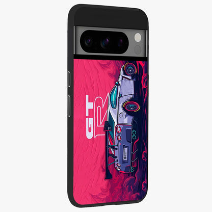 GT-R Car Pattern Glass Case upright view showcasing dynamic car pattern artwork with modern sports theme.