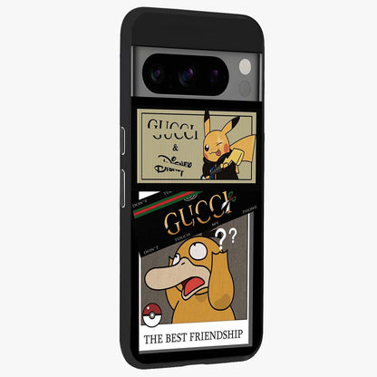 Gucci Play Mashup Glass Case upright view showcasing trendy luxury inspired artwork with modern fashion theme.