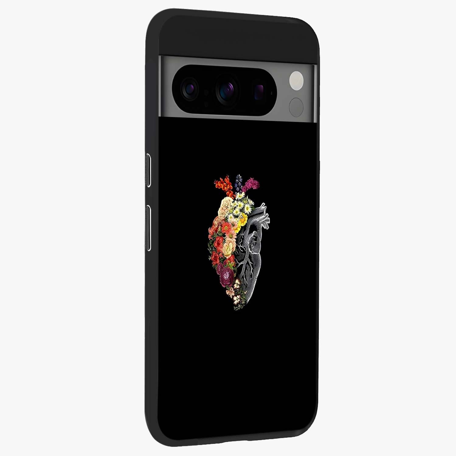 Heart With Flowers Glass Case upright view showcasing decorative heart and floral artwork with sweet romantic theme.
