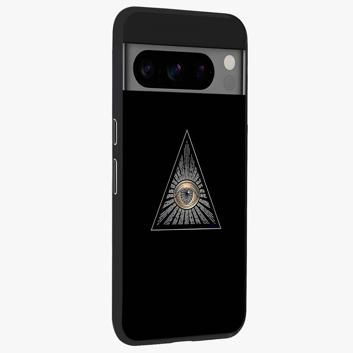 Illuminati Evil Glass Case upright view showcasing striking illuminati artwork with mysterious symbolic theme.