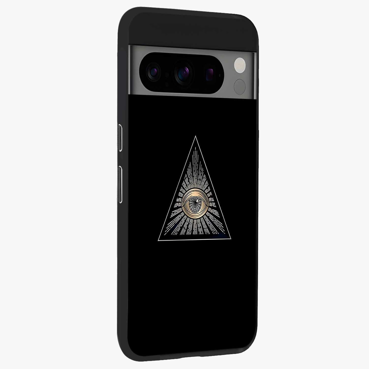 Illuminati Evil Glass Case upright view showcasing striking illuminati artwork with mysterious symbolic theme.