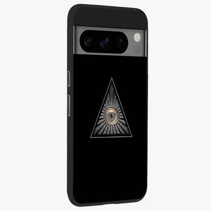 Illuminati Evil Glass Case upright view showcasing striking illuminati artwork with mysterious symbolic theme.
