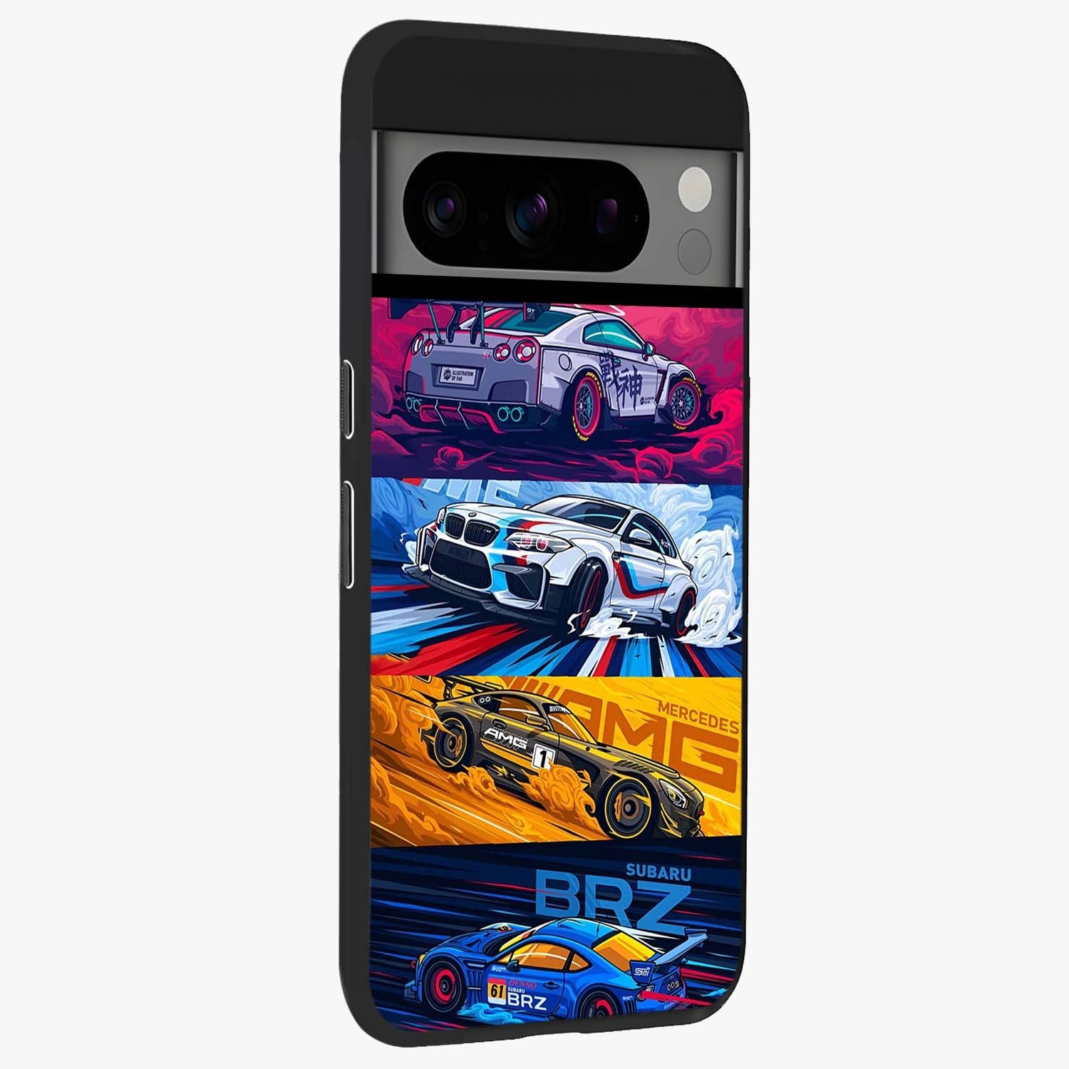 JDM Sports Car Glass Case upright view showcasing dynamic sports car artwork with bold racing theme.