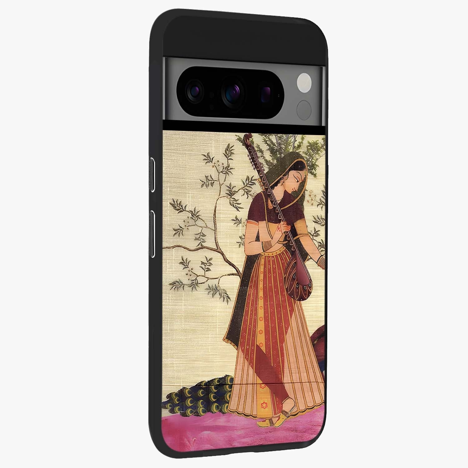 Lady With Veena Art Glass Case upright view showcasing classical veena artwork with traditional artistic theme.