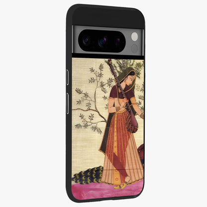 Lady With Veena Art Glass Case upright view showcasing classical veena artwork with traditional artistic theme.