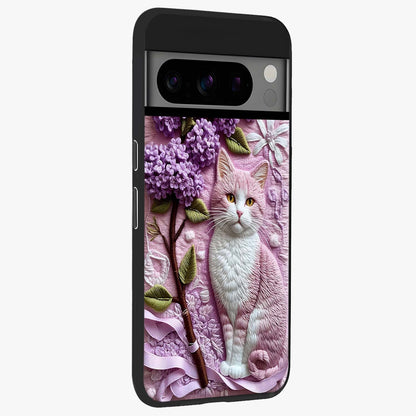 Lavender Cat Whimsy Glass Case upright view showcasing charming cat artwork with whimsical lavender theme.