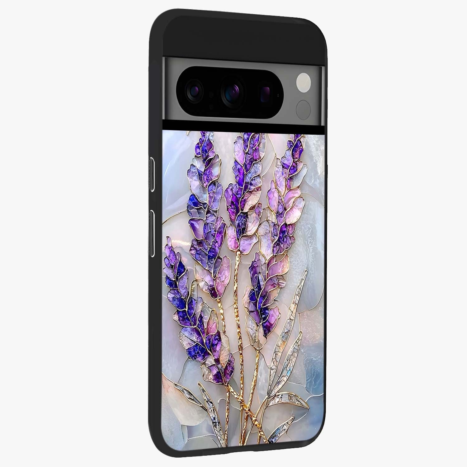 Lavender Dream Glow Glass Case upright view showcasing radiant lavender glow artwork with calming dreamy theme.