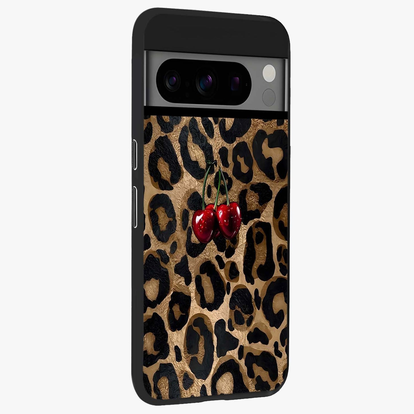 Leopard Wild Cherry Glass Case upright view showcasing stylish leopard pattern artwork with trendy fashion theme.