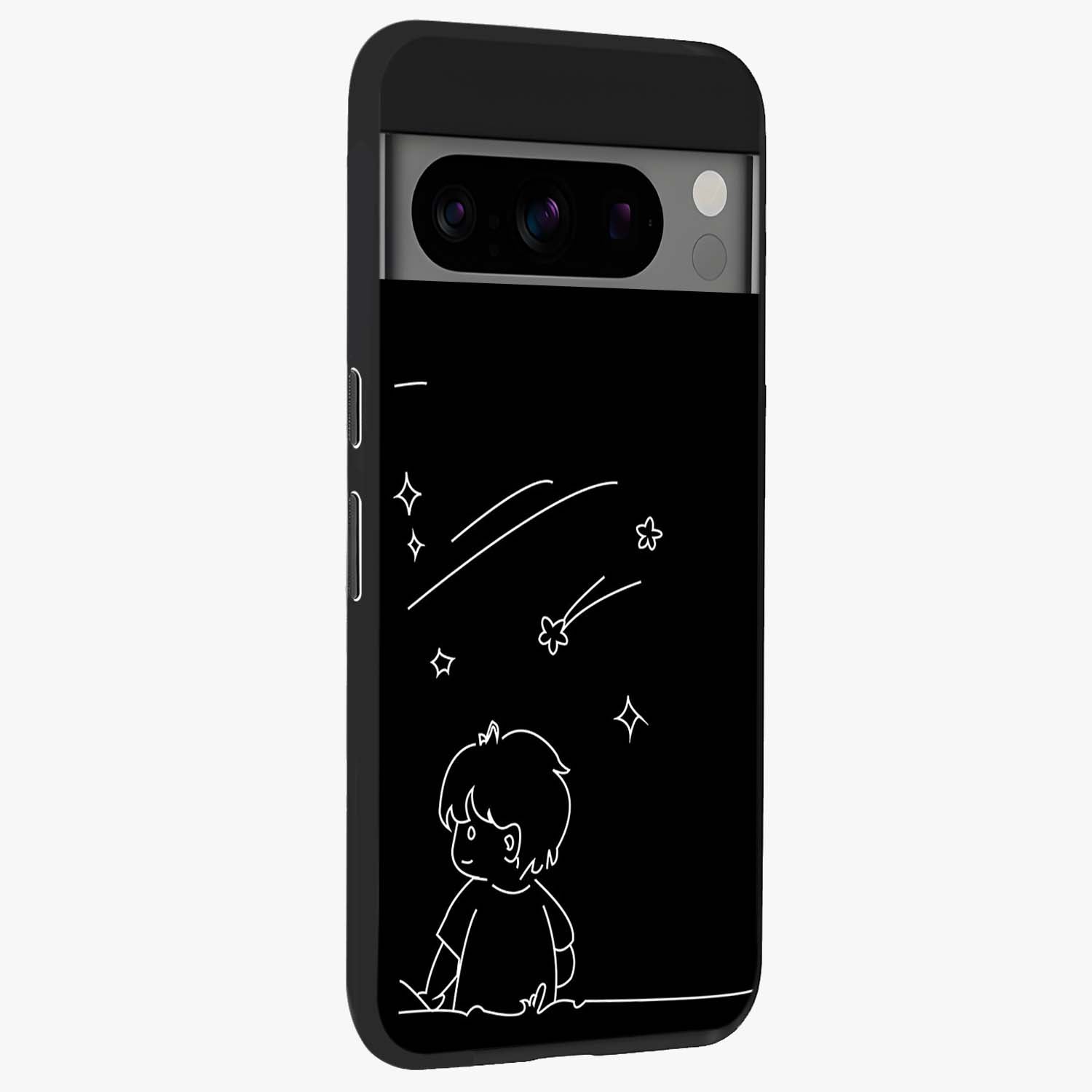 Line Art Boy With Shooting Stars Glass Case upright view showcasing artistic shooting star illustration with minimal style.