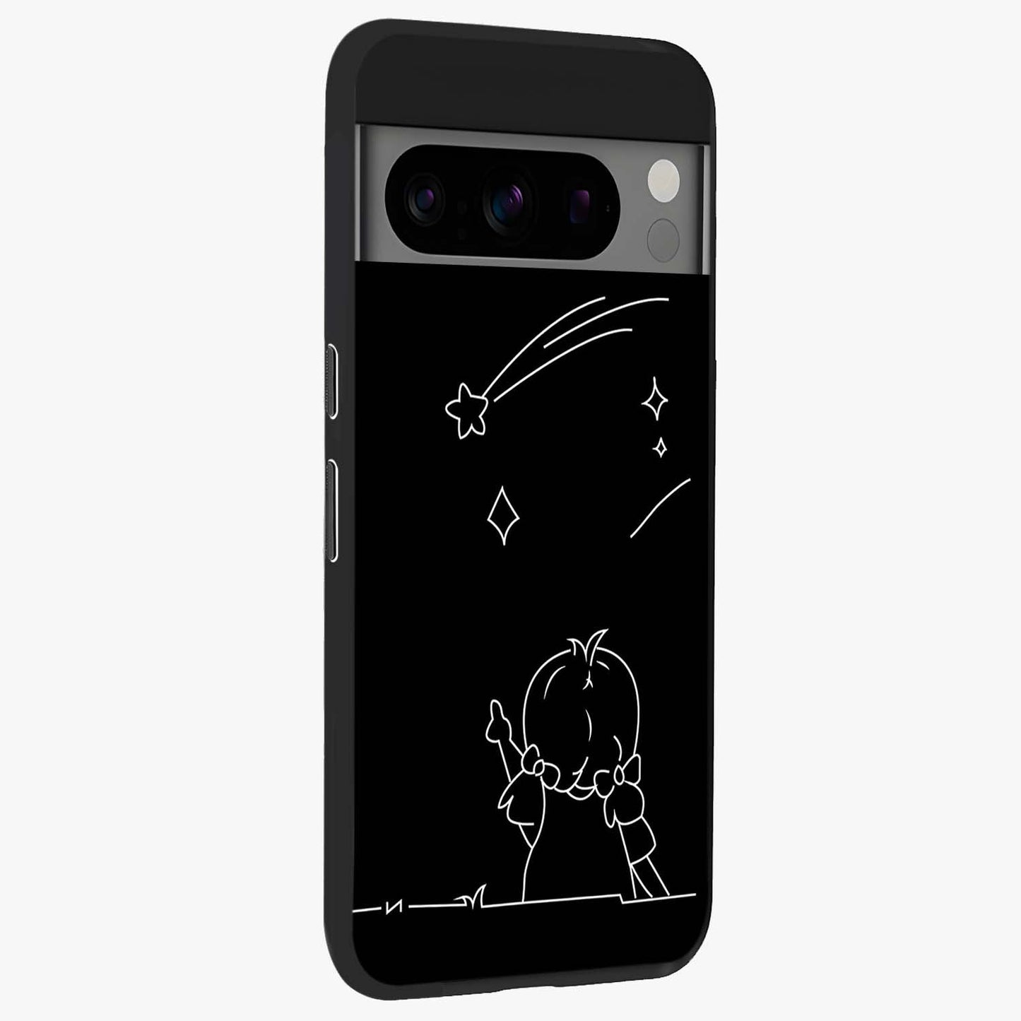 Line Art Girl With Shooting Stars Glass Case upright view showcasing delicate shooting stars artwork with minimal artistic theme.