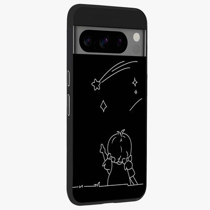 Line Art Girl With Shooting Stars Glass Case upright view showcasing delicate shooting stars artwork with minimal artistic theme.