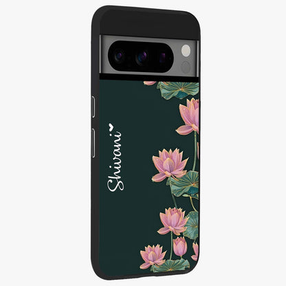 Lotus Bloom Serenity Custom Name Glass Case upright view showcasing serene lotus bloom artwork with personalized floral aesthetic.