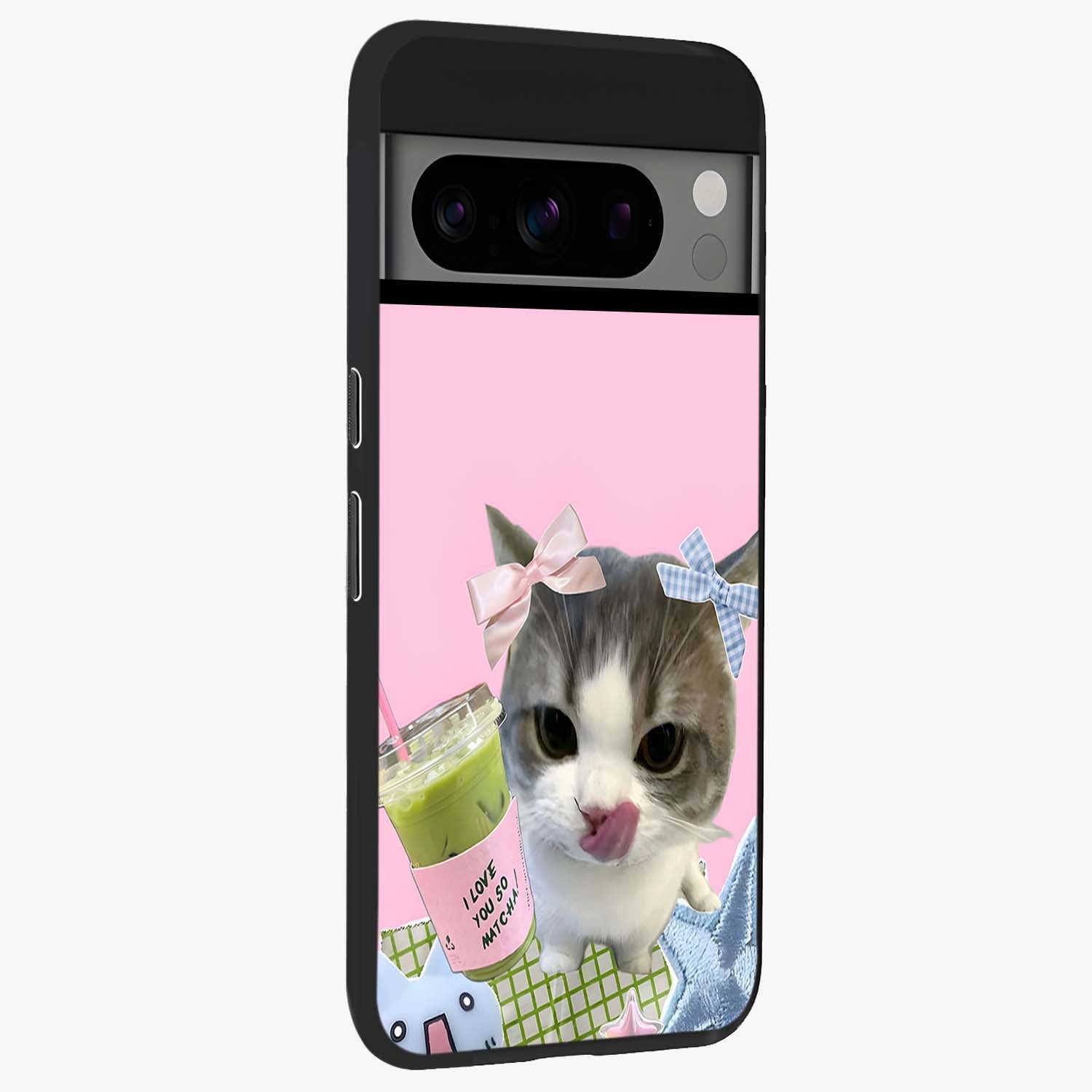 Love Matcha Cat Glass Case upright view showcasing adorable cat artwork with charming matcha themed design.