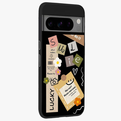 Lucky Aesthetic Collage Glass Case upright view showcasing vibrant collage artwork with youthful aesthetic theme.