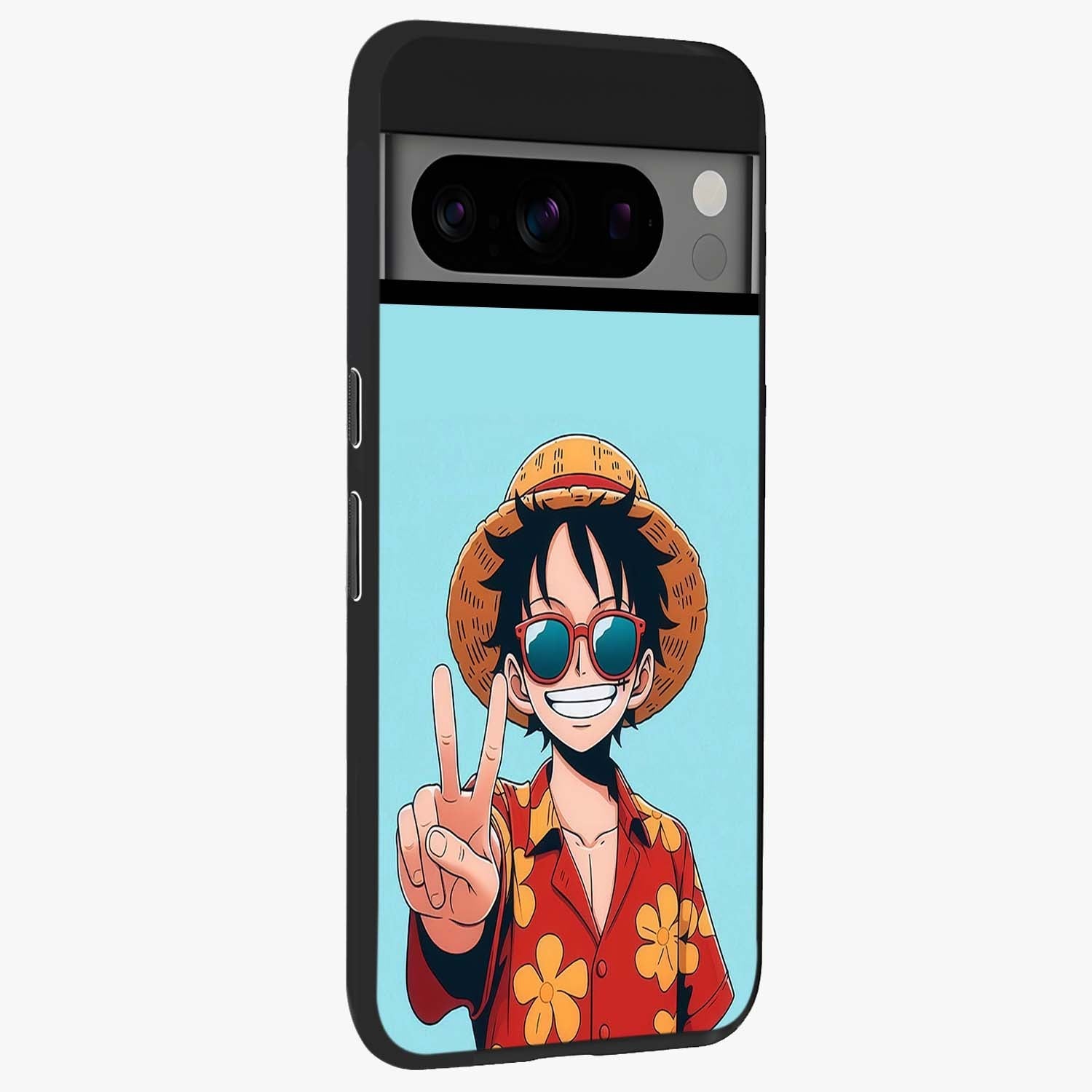 Luffy Summer Anime Vibe Glass Case upright view showcasing dynamic anime artwork with bright adventurous theme.
