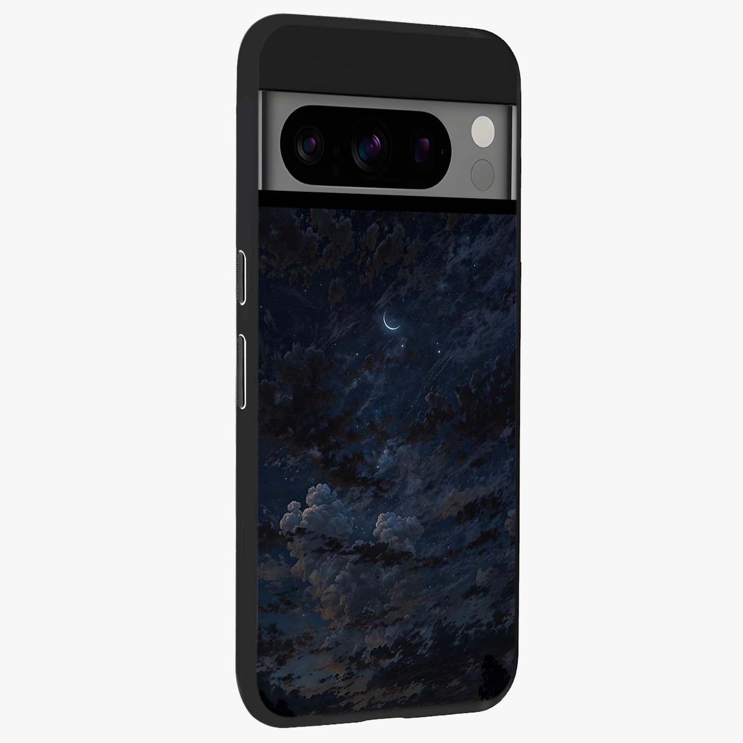 Lunar Veil Silence Glass Case upright view showcasing calm moon themed artwork with serene night atmosphere.