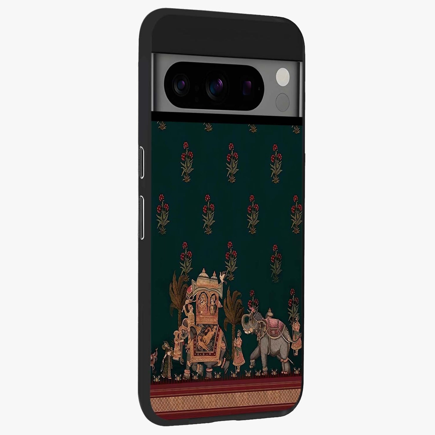 Macmerise Glass Case upright view showcasing bold artistic artwork with contemporary design theme.