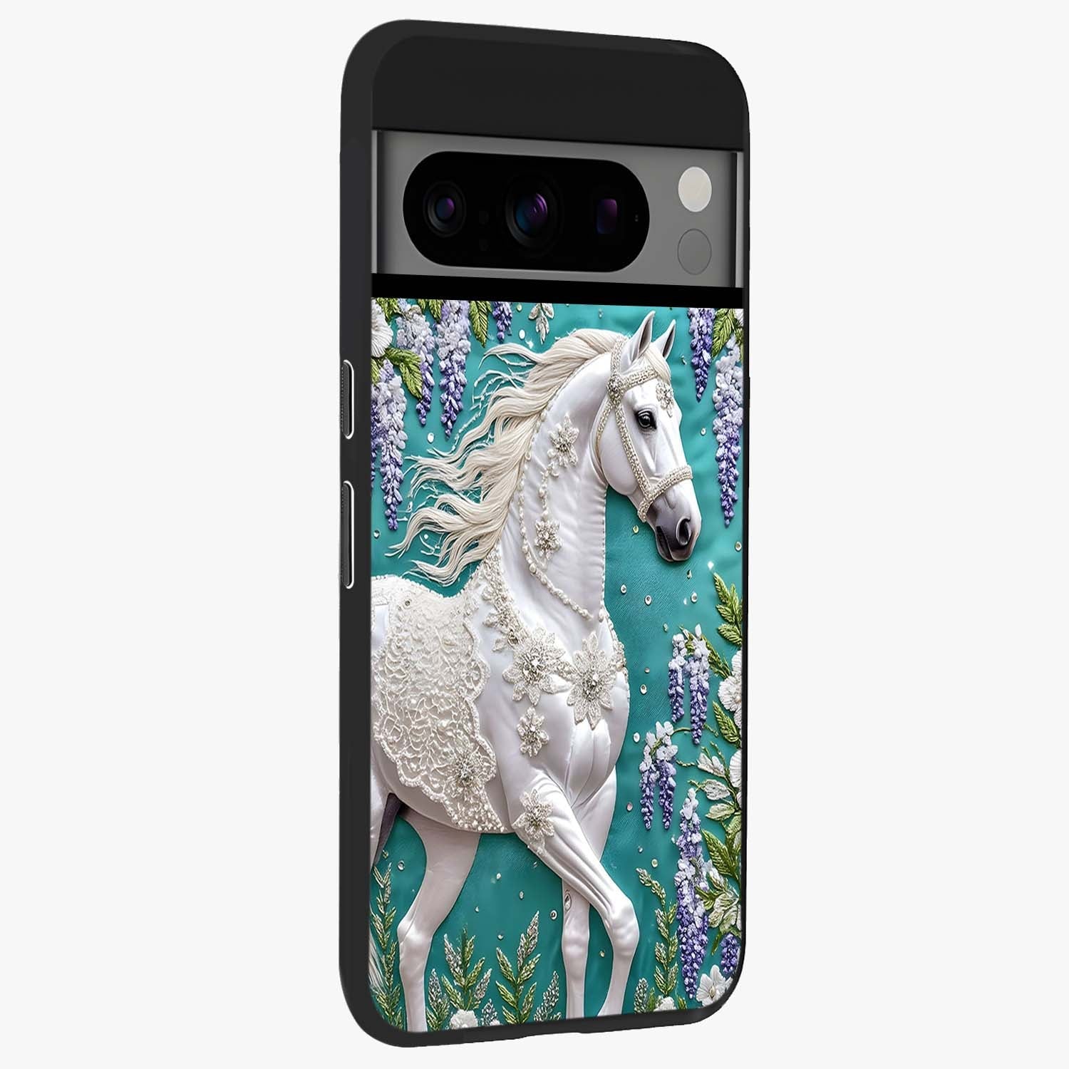 Majestic Floral Stallion Glass Case upright view showcasing dramatic horse artwork with decorative floral theme.