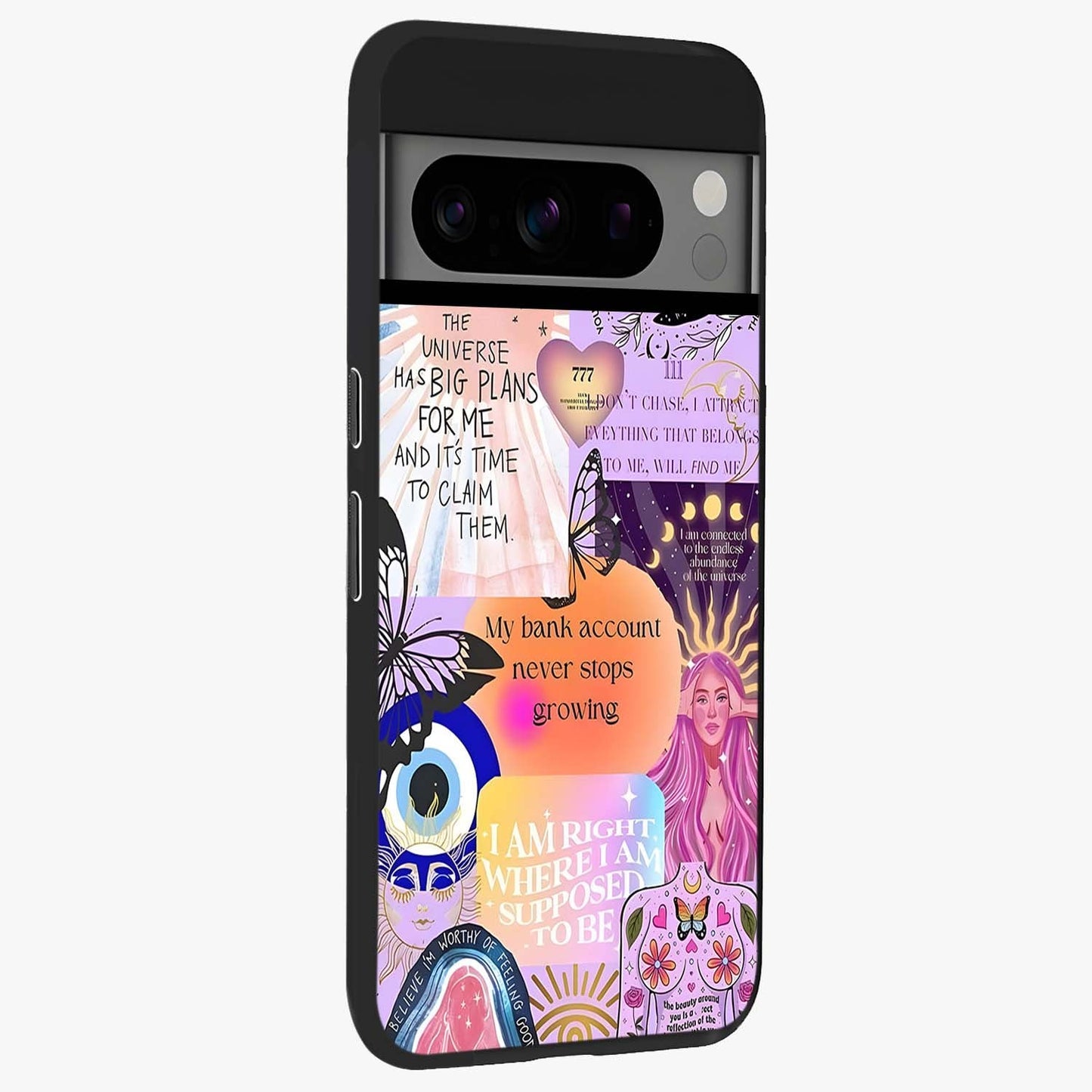 Manifestation Collage Glass Case upright view showcasing artistic manifestation themed artwork with creative style.