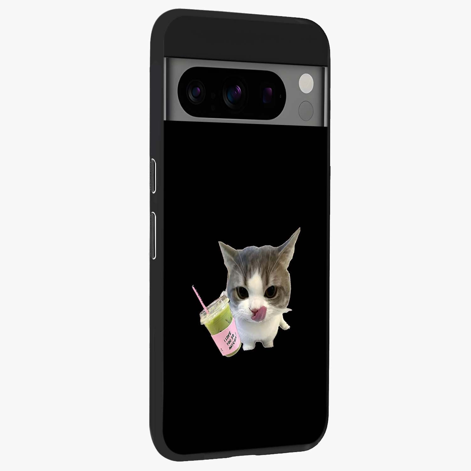 Matcha Cat Style Glass Case upright view showcasing charming cat artwork with cozy aesthetic theme.
