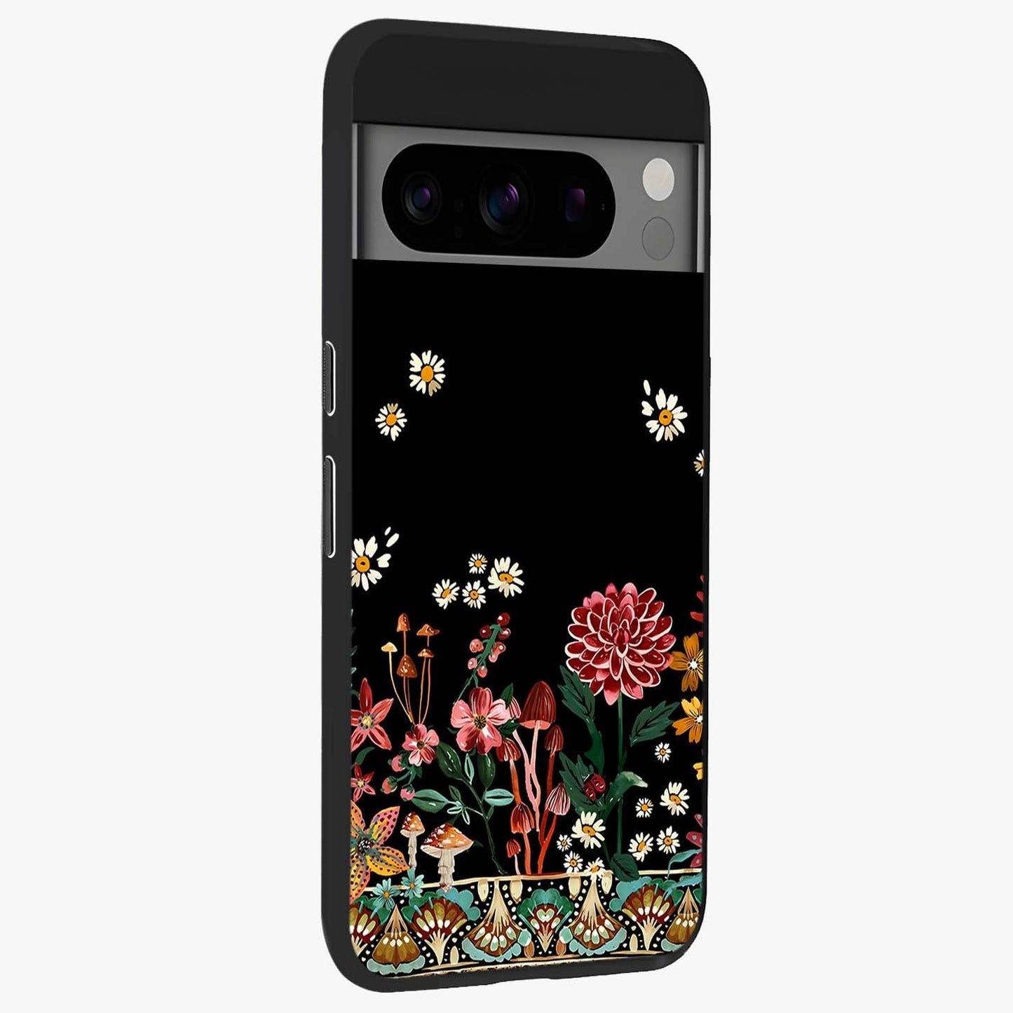 Midnight Bloom Pattern Glass Case upright view showcasing decorative floral artwork with deep night themed palette.