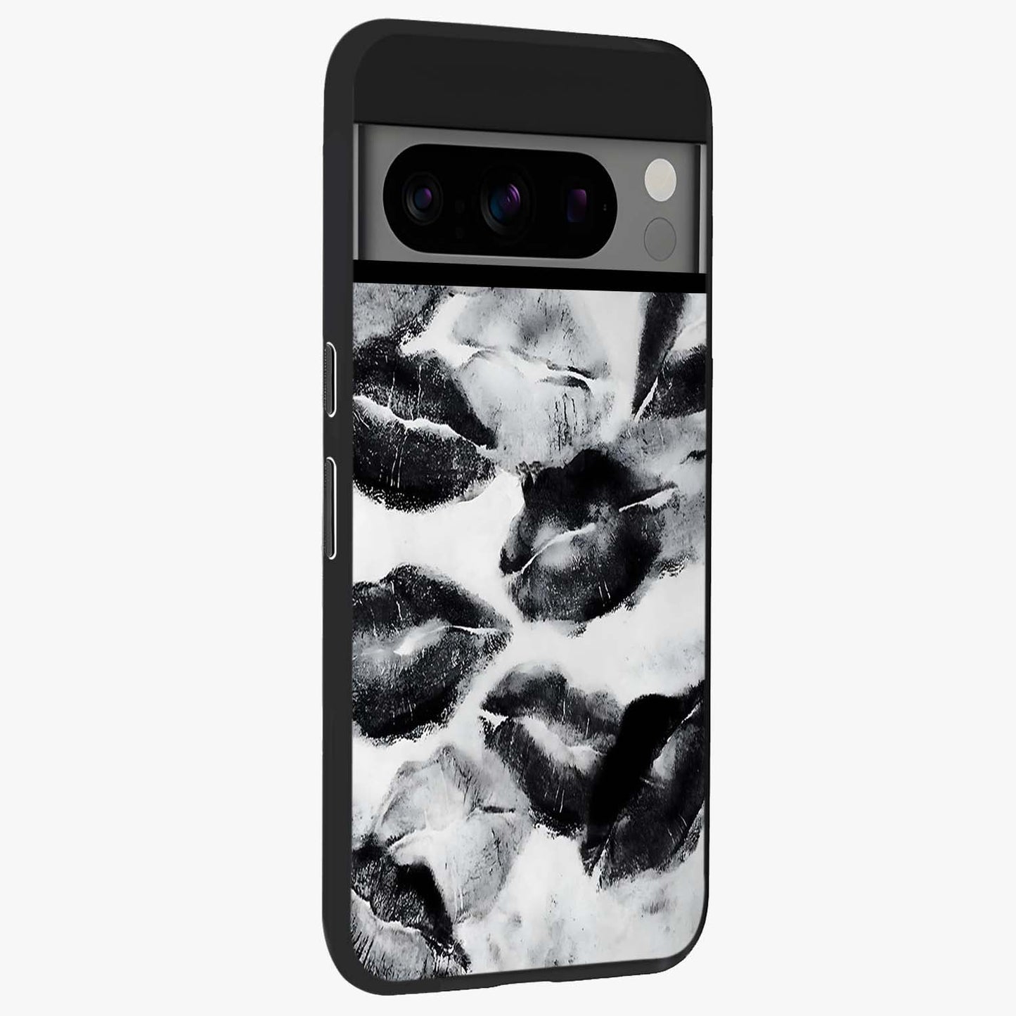 Midnight Kiss Marks Glass Case upright view showcasing stylish kiss mark artwork with trendy romantic theme.