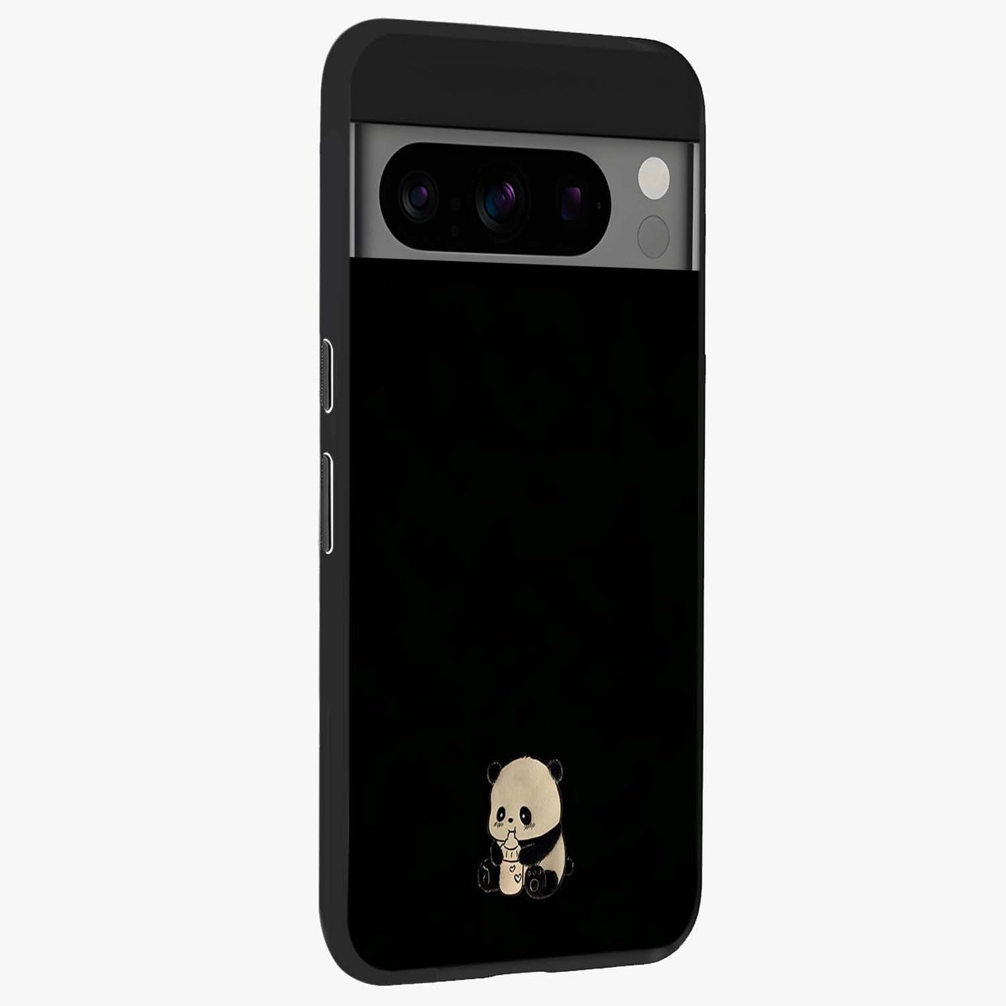Midnight Panda Love Glass Case upright view showcasing charming panda artwork with playful romantic theme.