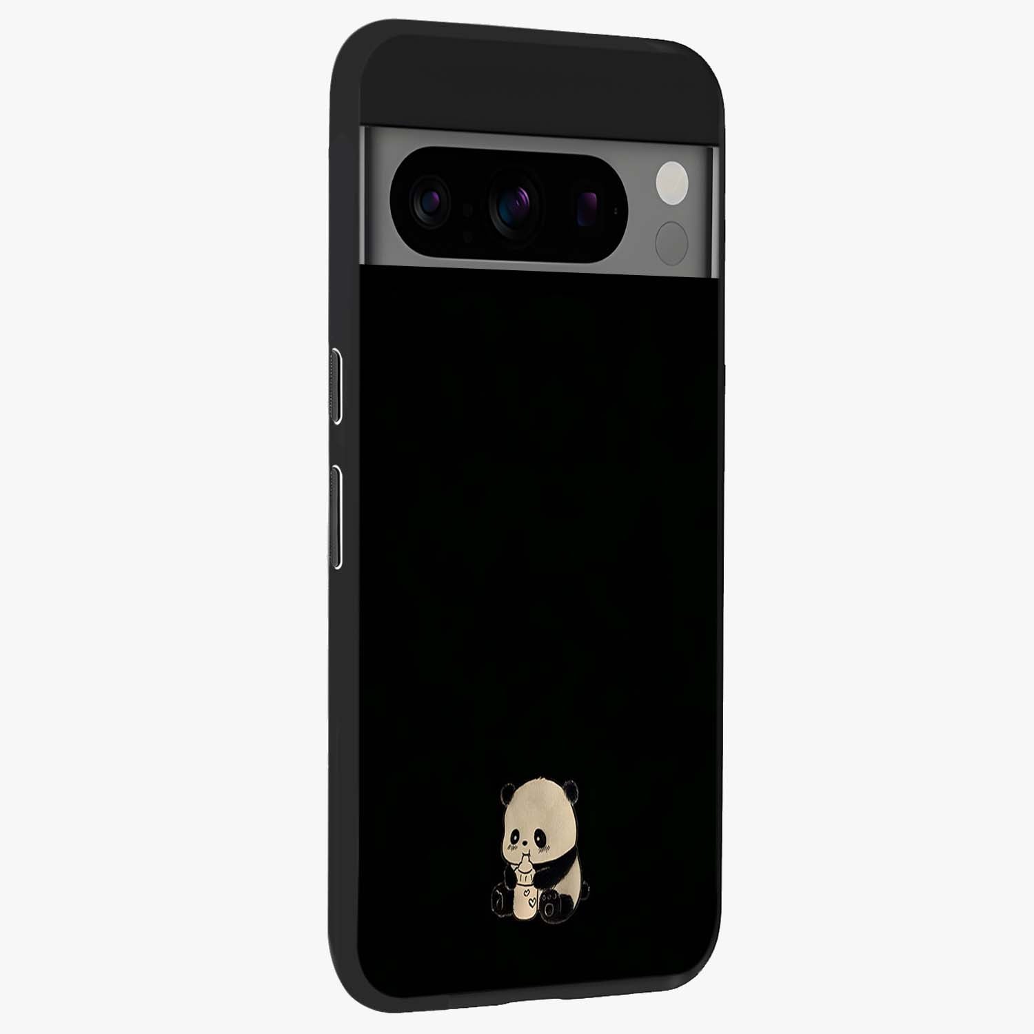 Midnight Panda Love Glass Case upright view showcasing charming panda artwork with playful romantic theme.