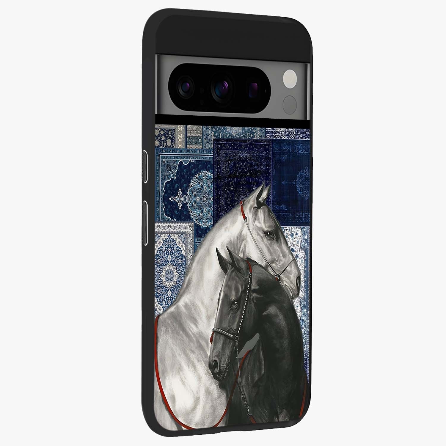 Midnight Stallion Blues Glass Case upright view showcasing dramatic horse artwork with bold artistic theme.