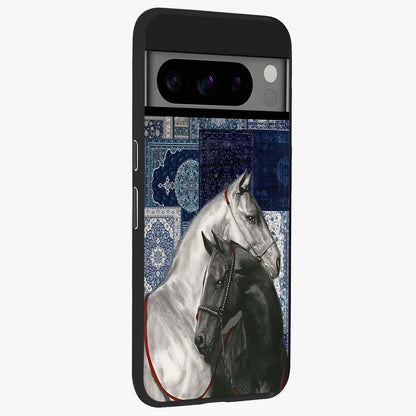 Midnight Stallion Blues Glass Case upright view showcasing dramatic horse artwork with bold artistic theme.