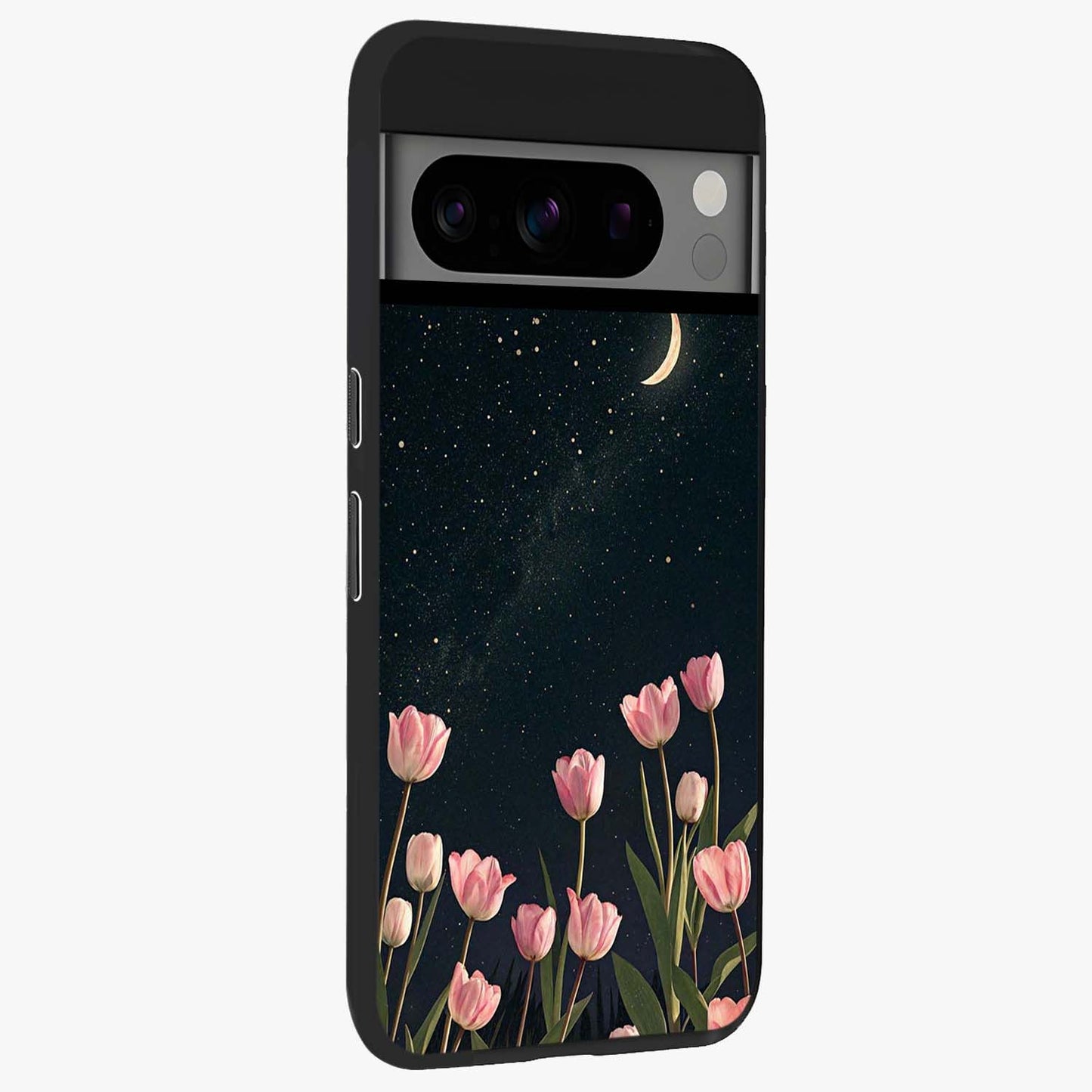 Midnight Tulip Whispers Vibe Glass Case upright view showcasing graceful tulip artwork with calm botanical theme.