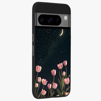 Midnight Tulip Whispers Vibe Glass Case upright view showcasing graceful tulip artwork with calm botanical theme.