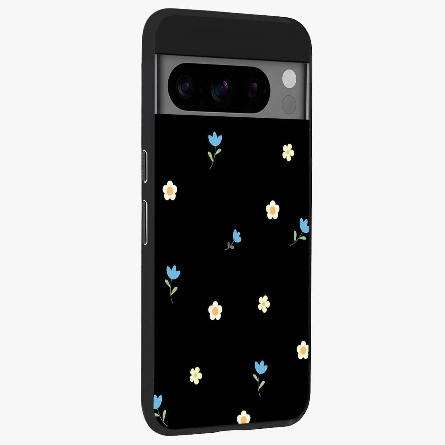 Minimal Petal Whispers Glass Case upright view showcasing elegant floral artwork with modern minimalist style.