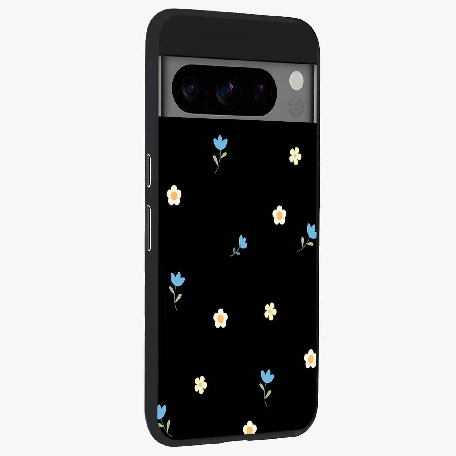 Minimal Petal Whispers Glass Case upright view showcasing elegant floral artwork with modern minimalist style.