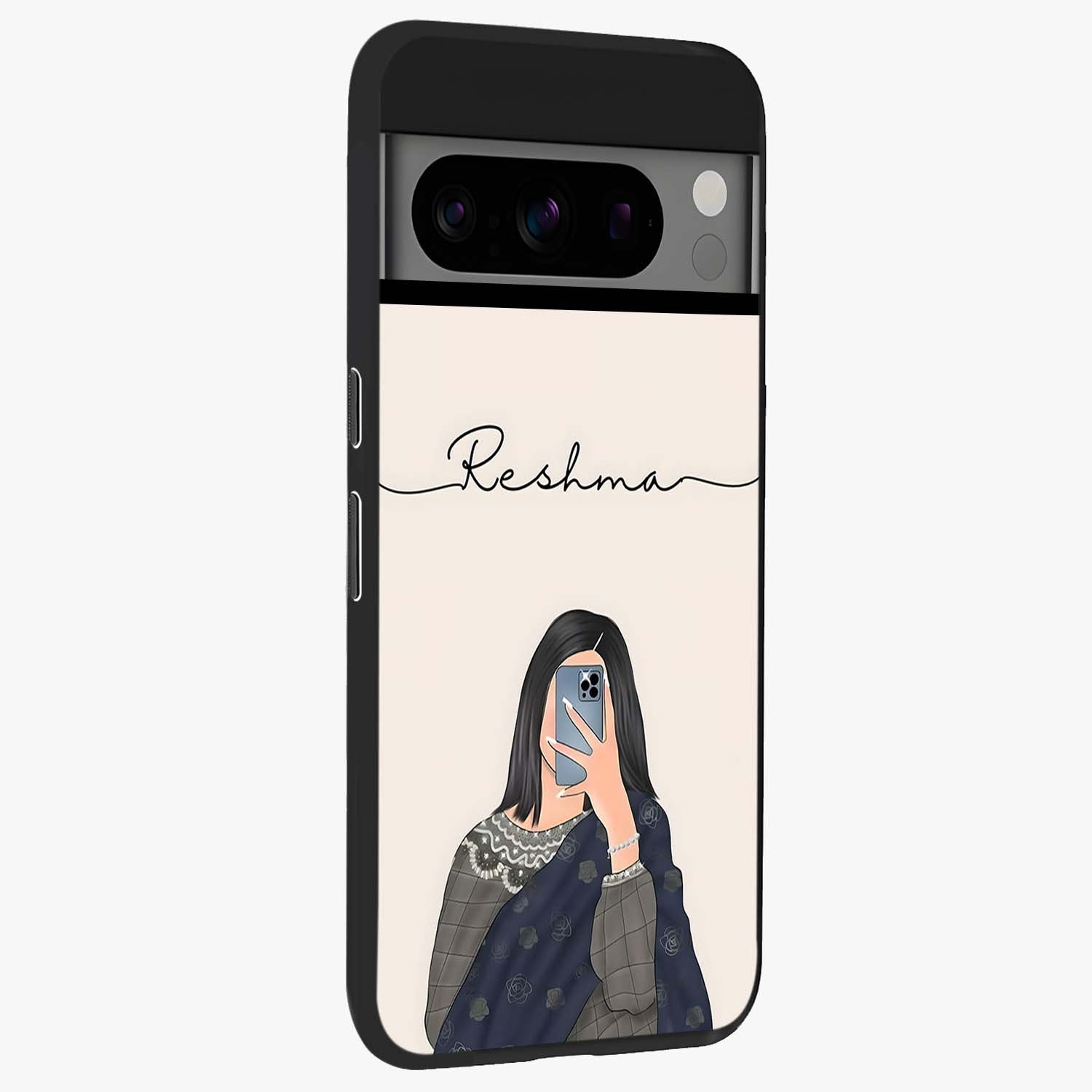 Mirror Mood Muse With Custom Name Glass Case upright view showcasing artistic mirror themed artwork with personalized aesthetic.