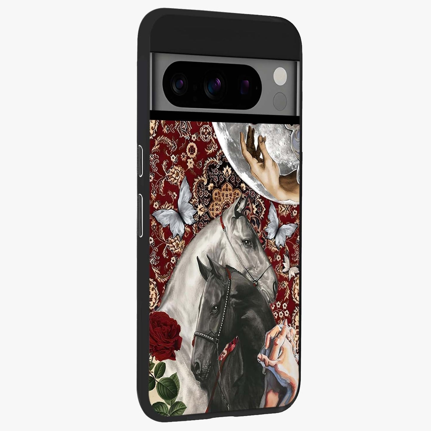 Moonlit Royal Stallion Glass Case upright view showcasing dramatic horse artwork with glowing moon themed design.
