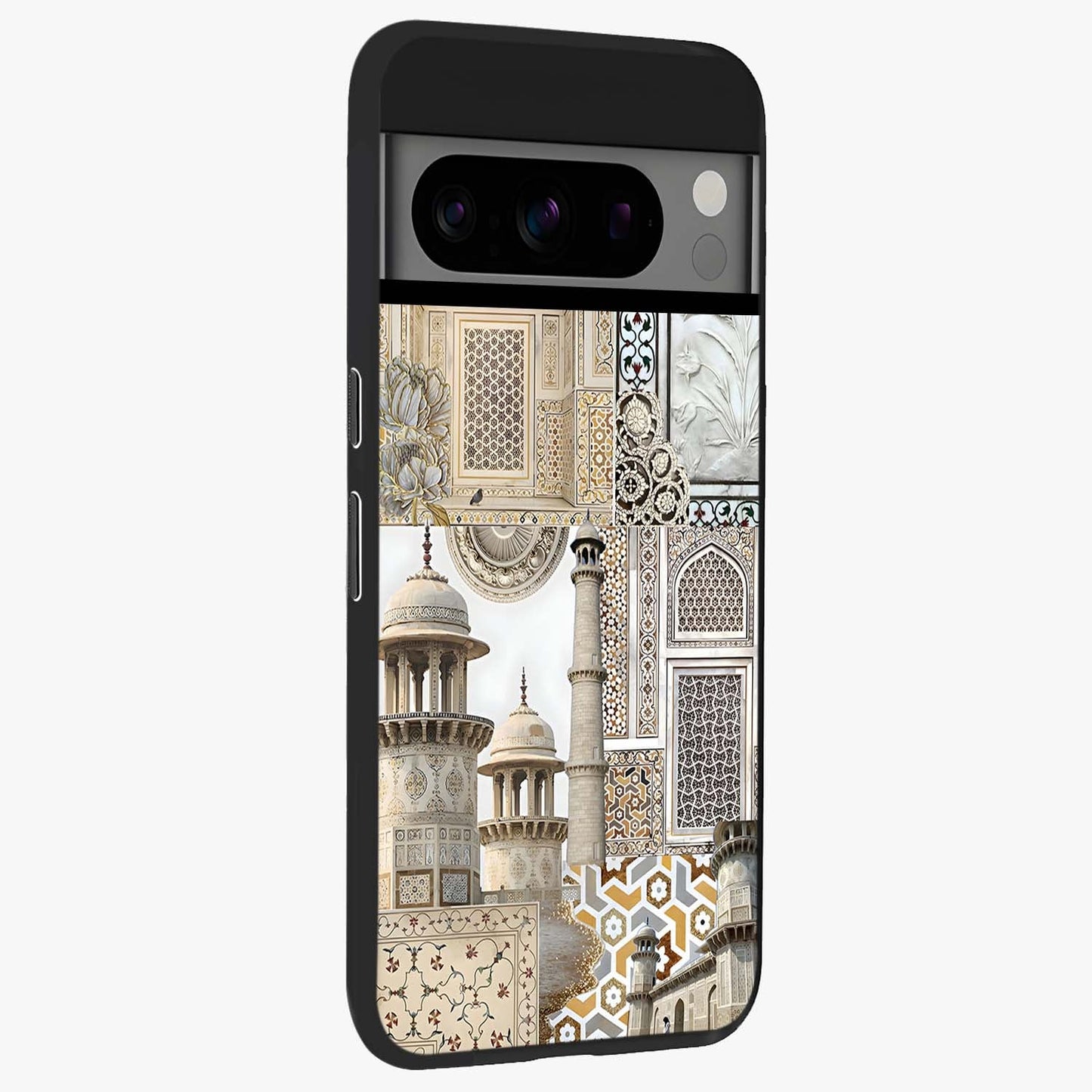 Mughal Marble Legacy Glass Case upright view showcasing ornate Mughal design with luxurious traditional theme.