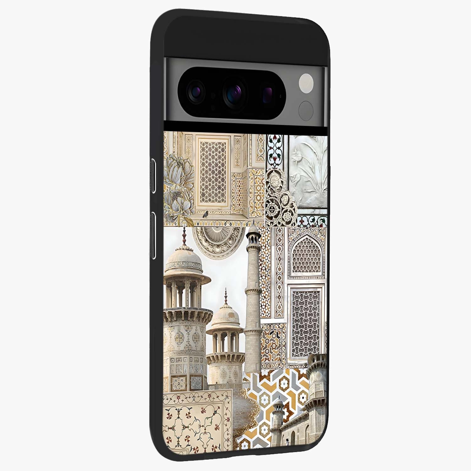 Mughal Marble Legacy Glass Case upright view showcasing ornate Mughal design with luxurious traditional theme.
