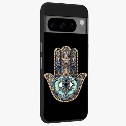 Mystic Hamsa Eye Glass Case upright view showcasing detailed hamsa eye artwork with protective spiritual theme.