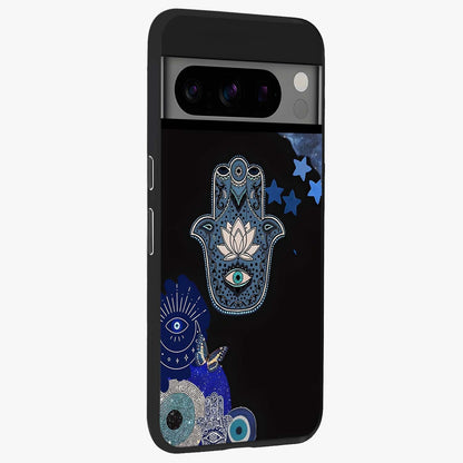 Mystic Hand Aura Glass Case upright view showcasing symbolic hand artwork with mystical energy theme.