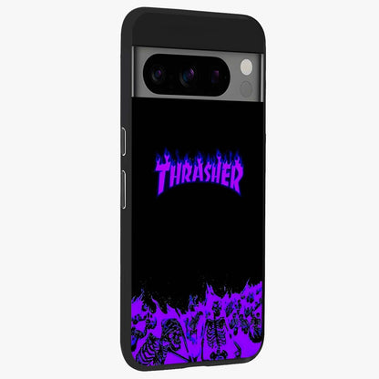Neon Flame Riot Glass Case upright view showcasing dynamic flame artwork with energetic neon theme.