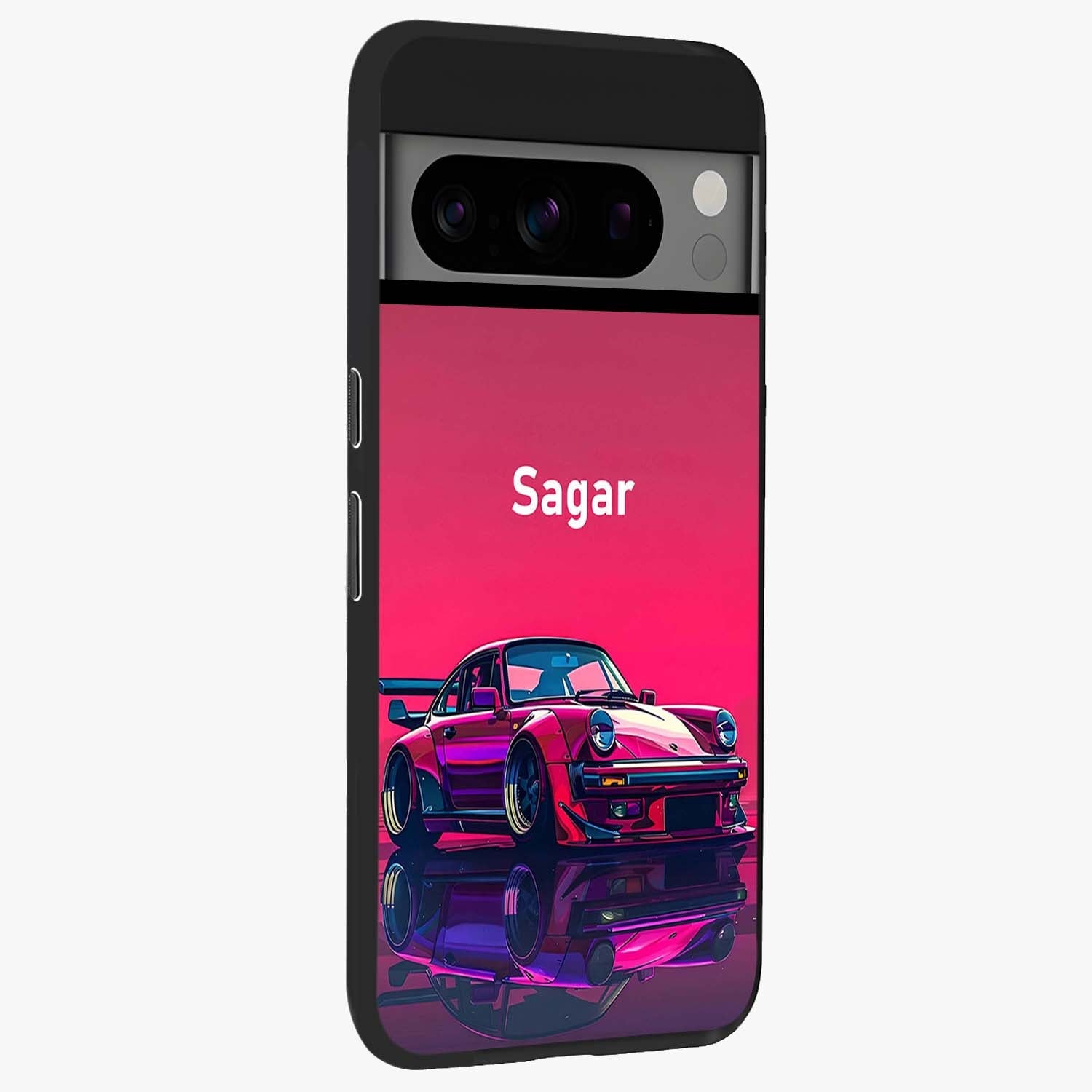 Neon Pink Porsche Glass Case upright view showcasing vibrant sports car artwork with bold automotive theme.