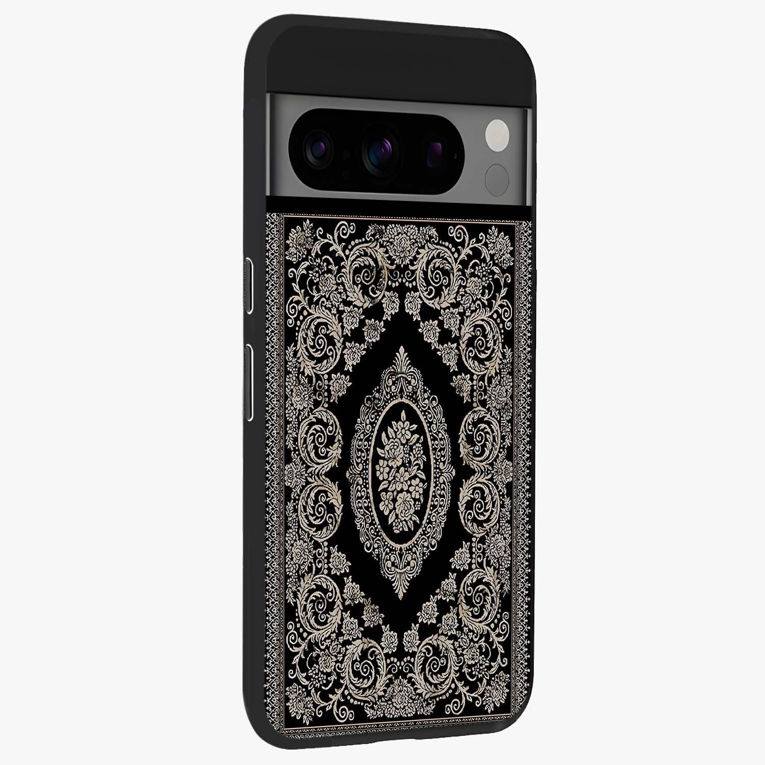 Noir Bloom Elegance Glass Case upright view showcasing graceful floral artwork with luxurious dark theme.