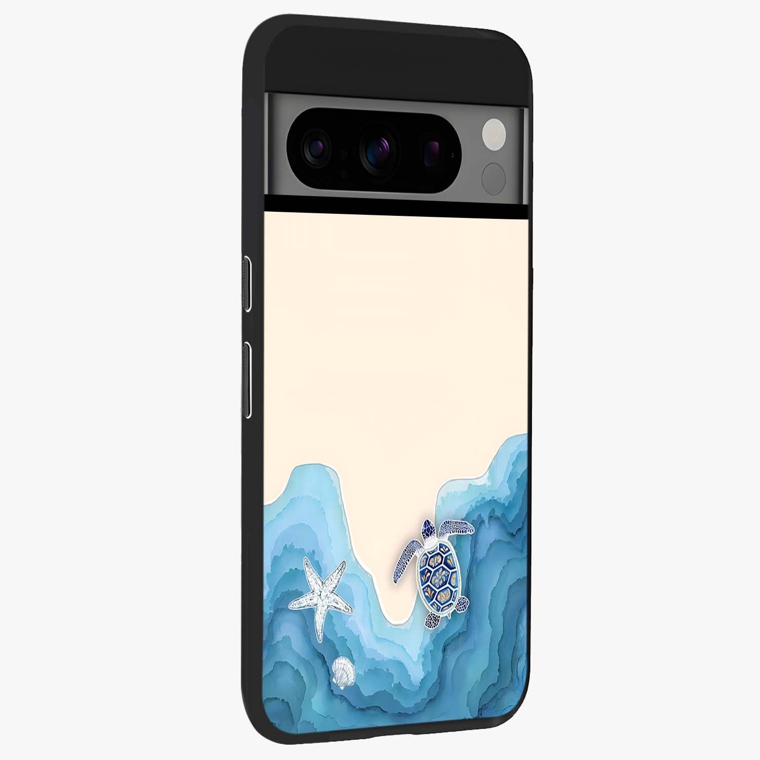 Ocean Drift Turtle Glass Case upright view showcasing calm underwater turtle artwork with nature inspired theme.