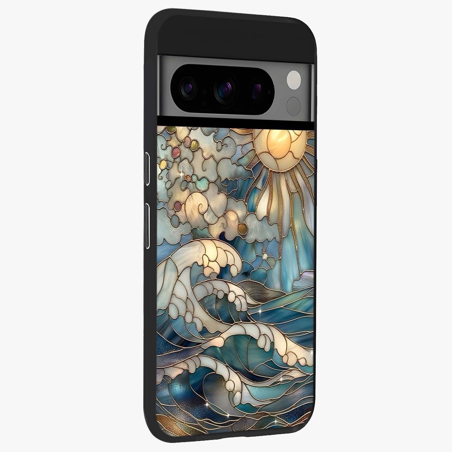 Oceanic Stained Printed Glass Case upright view showcasing decorative ocean pattern artwork with vibrant marine theme.