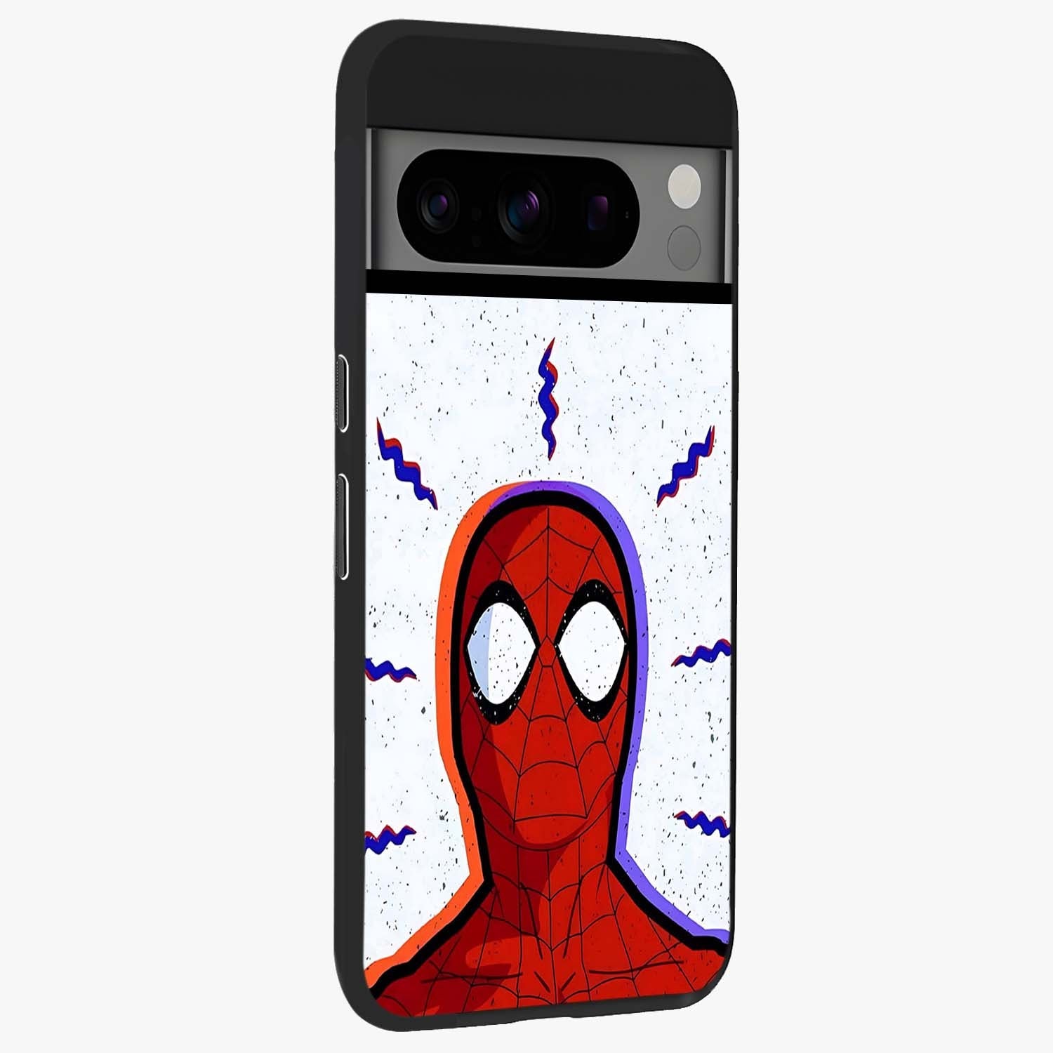 Omg Spiderman Glass Case upright view showcasing energetic superhero artwork with vibrant comic theme.