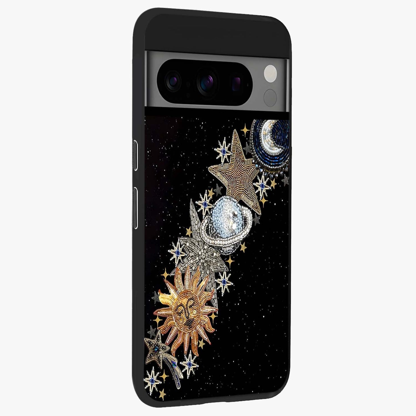 Pearls Universe Object Glass Case upright view showcasing decorative pearl themed artwork with cosmic elegance.