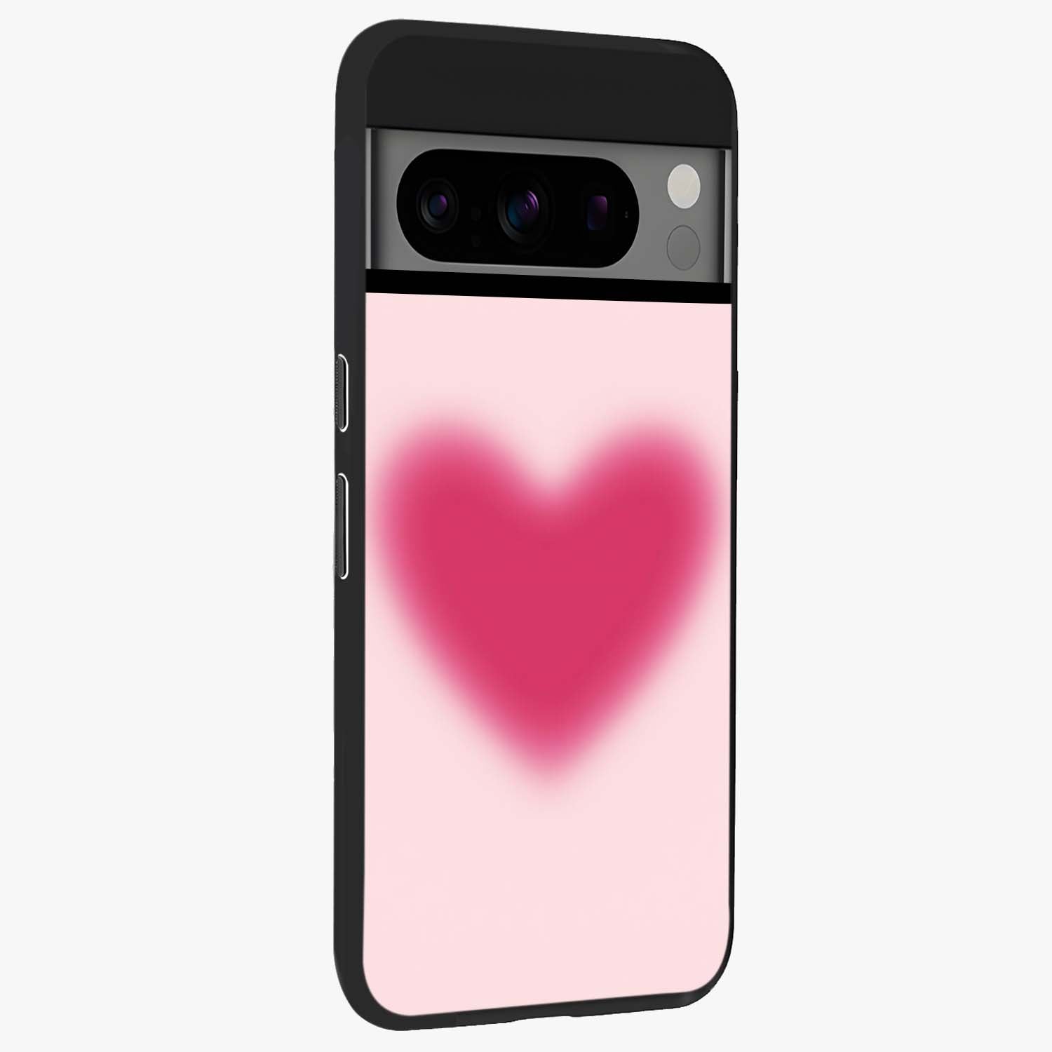 Pink Aura Heart Glass Case upright view showcasing romantic heart artwork with soft pastel theme.